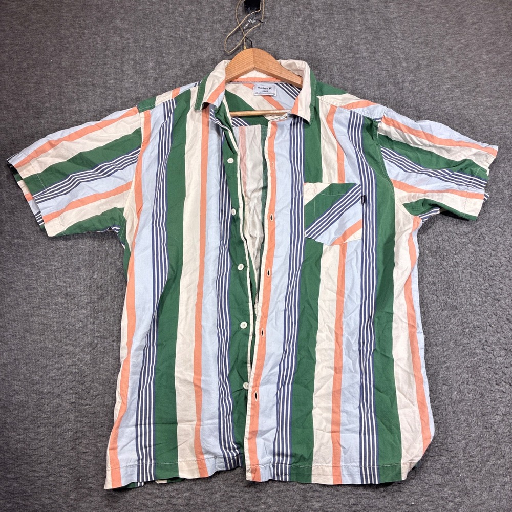 Hurley Button Up Shirt Mens Large Multicolor Striped Short Sleeve Pocket Beach